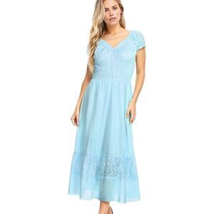 Anna-Kaci S Light Blue Swiss Dot Maxi Boho Lace Dress 2661-Q